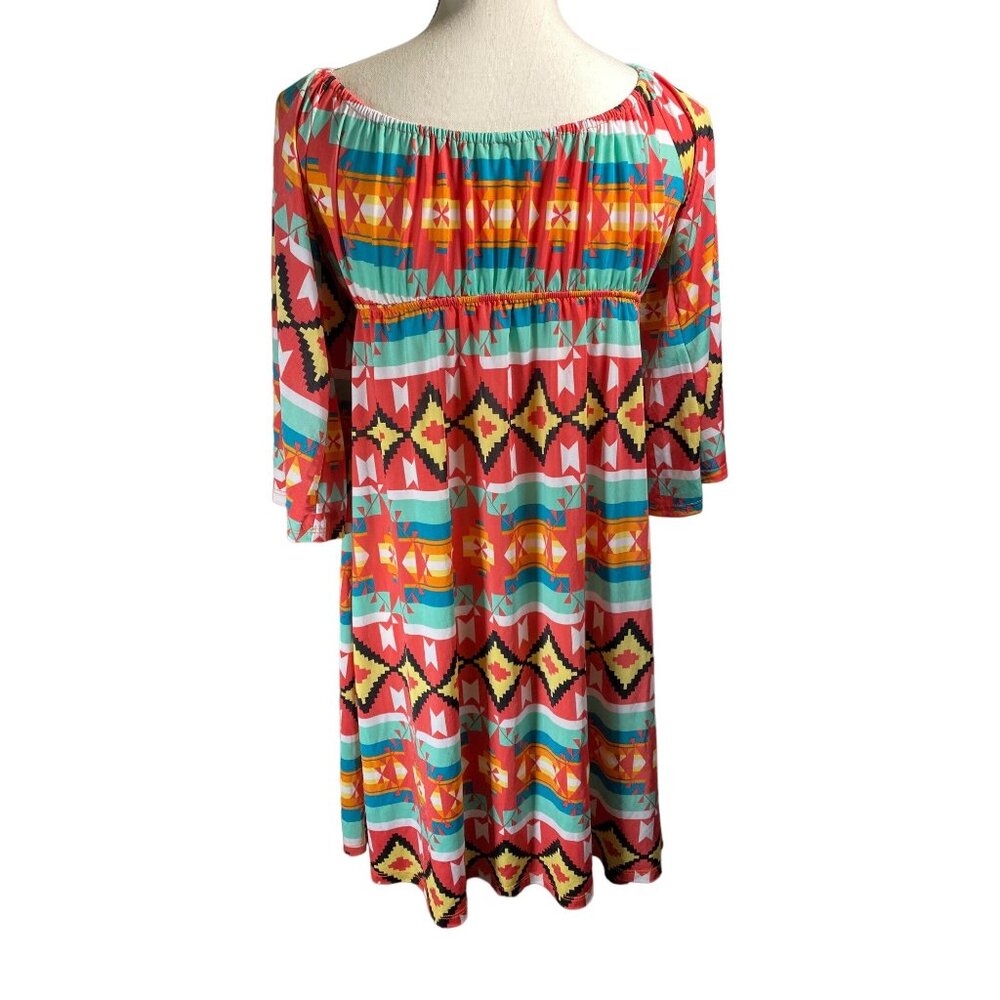 Boho‎ Chic V-Neck Tribal Print Mini Dress With 3/4 Sleeves & Empire Waist - Picture 7 of 12